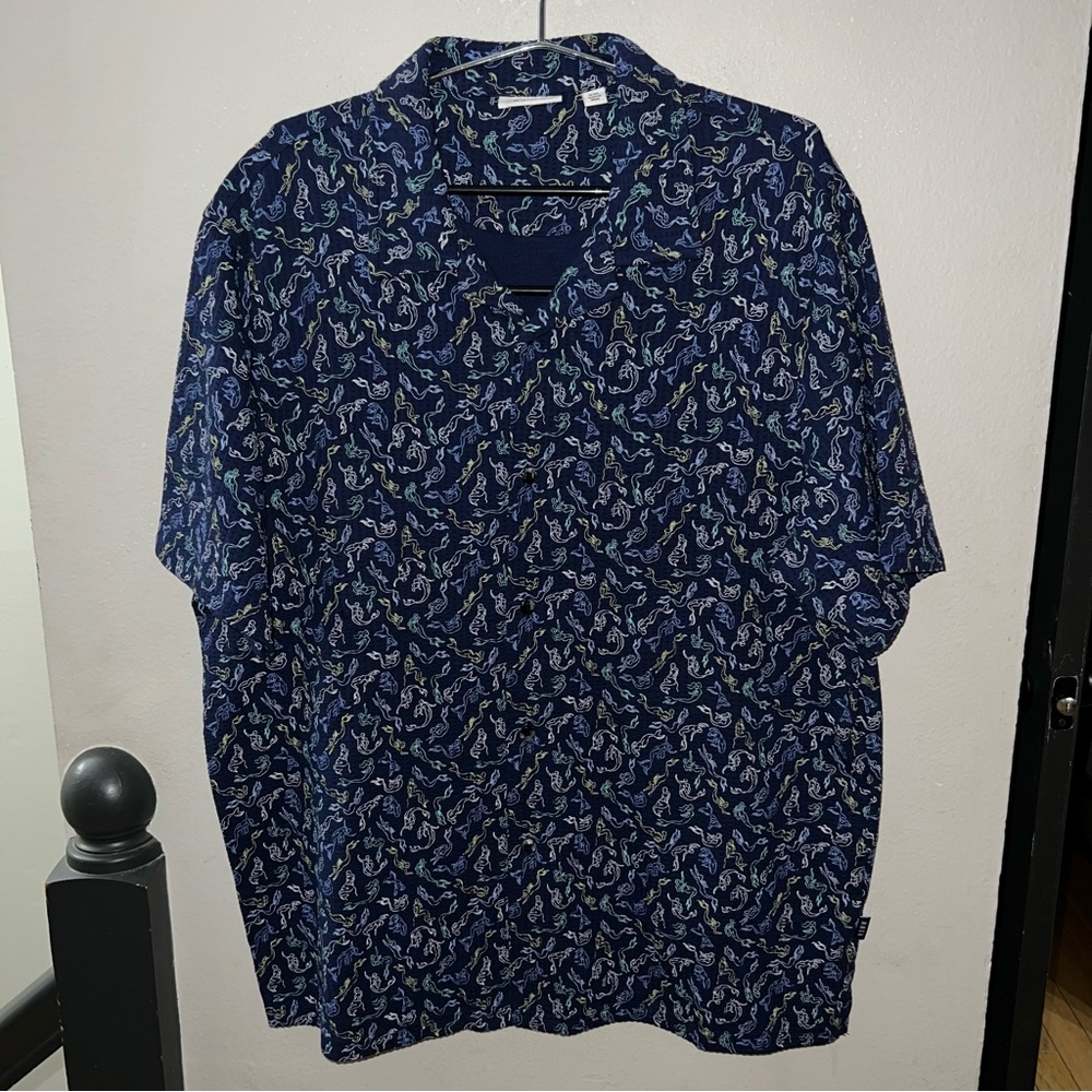 RÖWM Men’s Mermaid Print Short Sleeve Button-Down Shirt – XXL Blue
